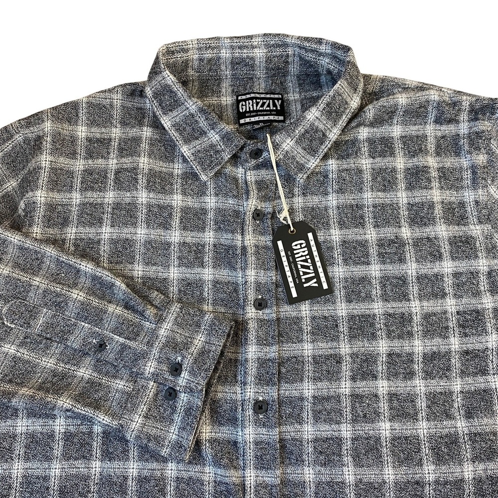 Grizzly Griptape Windowpane Plaid Flannel Shirt Men XL Gray Button Up DadcoreNWT